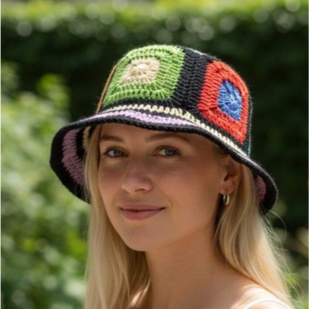 Y2k Style Colorblock Granny Square Crochet Bucket Hat Vintage Inspired BOHO